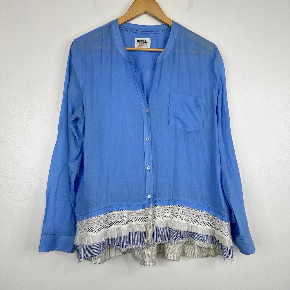 Holding Horses Anthropologie Button Down Layered Ruffle Bottom Blouse Size 12